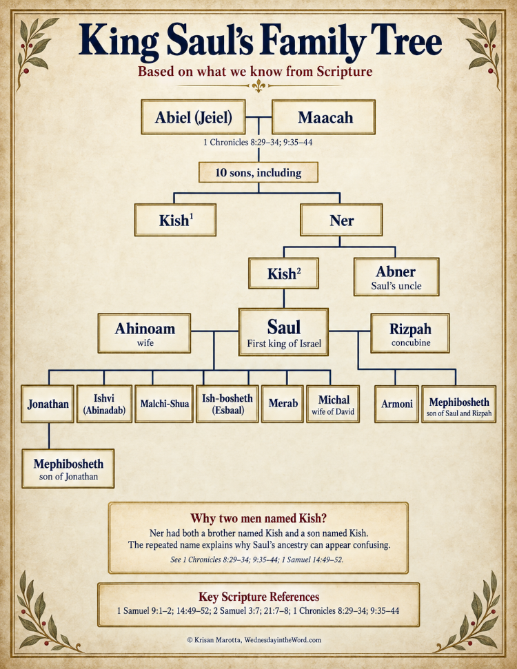 Family tree of King Saul showing his ancestors, wives, children, grandchildren, Abner, and the two men named Mephibosheth.