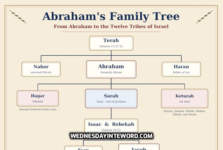 Abraham’s family tree showing the line from Abraham through Isaac and Jacob to the twelve sons and tribes of Israel.
